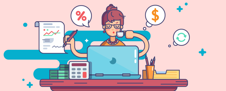 Illustration of lady working on her budget with a laptop at her desk